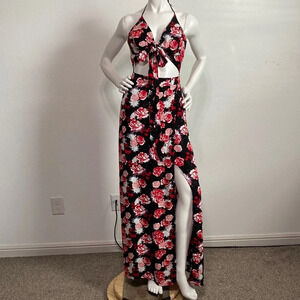 Karina Grimaldi Black Red Aubrey Halter Floral Wrap Skirt Maxi Dress Size XS